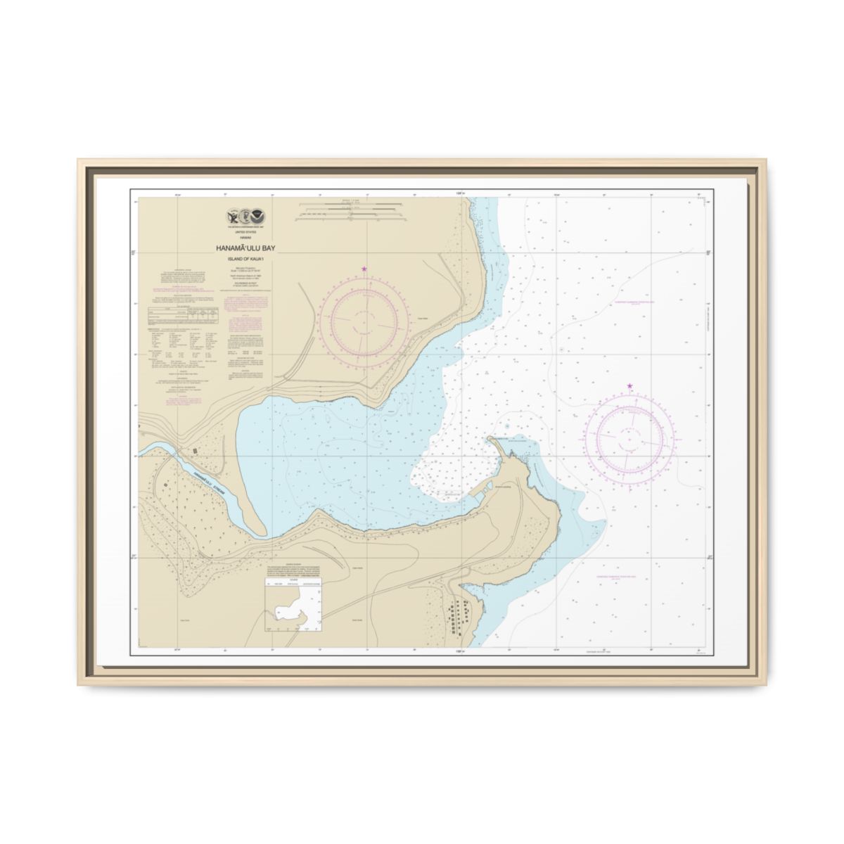 Chart 19384 Hanamaulu Bay Island of Kauai - NOAA Nautical Chart Floating Frame Canvas | 32" x 24" | 40" x 30" - Natural front
