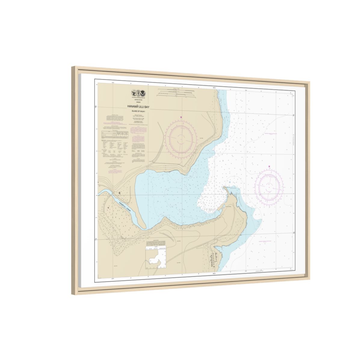 Chart 19384 Hanamaulu Bay Island of Kauai - NOAA Nautical Chart Floating Frame Canvas | 32" x 24" | 40" x 30" - Natural side