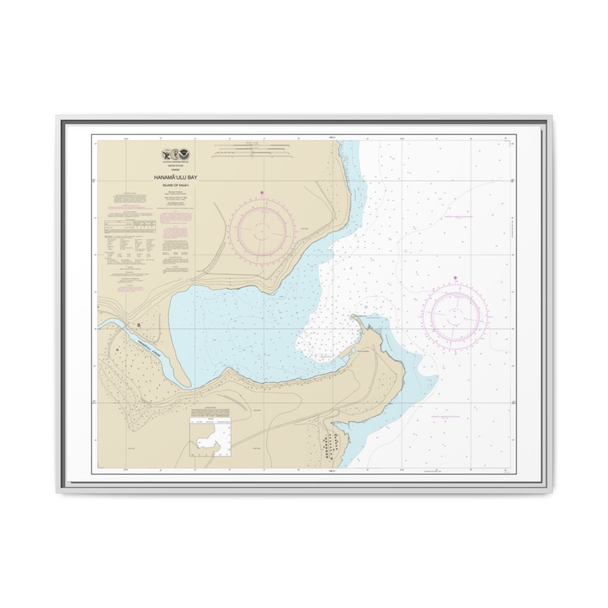 Chart 19384 Hanamaulu Bay Island of Kauai - NOAA Nautical Chart Floating Frame Canvas | 32" x 24" | 40" x 30" - White front