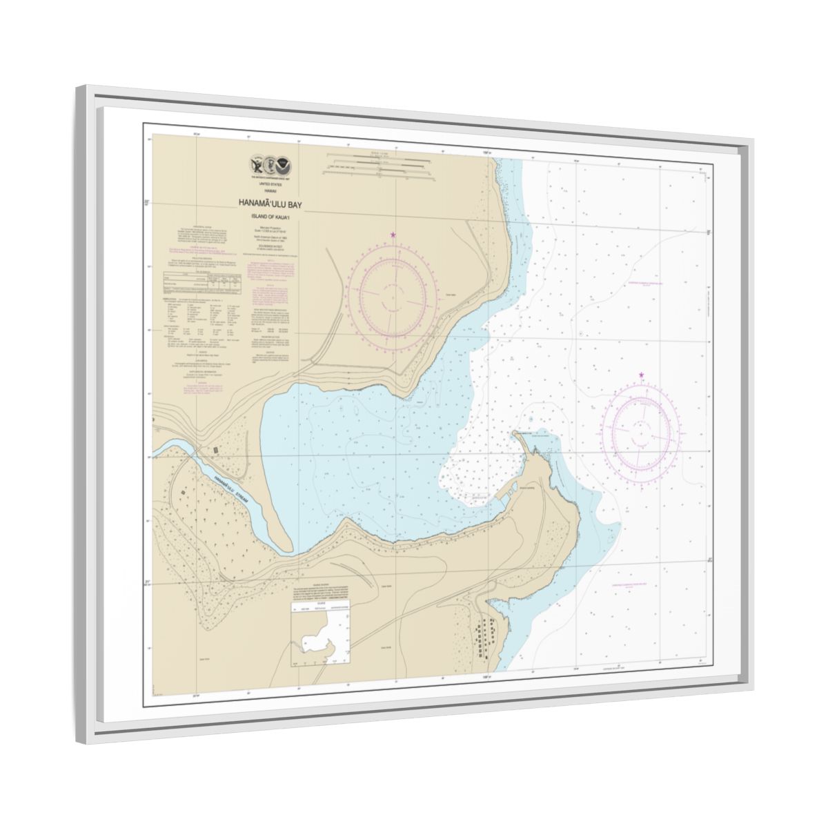 Chart 19384 Hanamaulu Bay Island of Kauai - NOAA Nautical Chart Floating Frame Canvas | 32" x 24" | 40" x 30" - White side