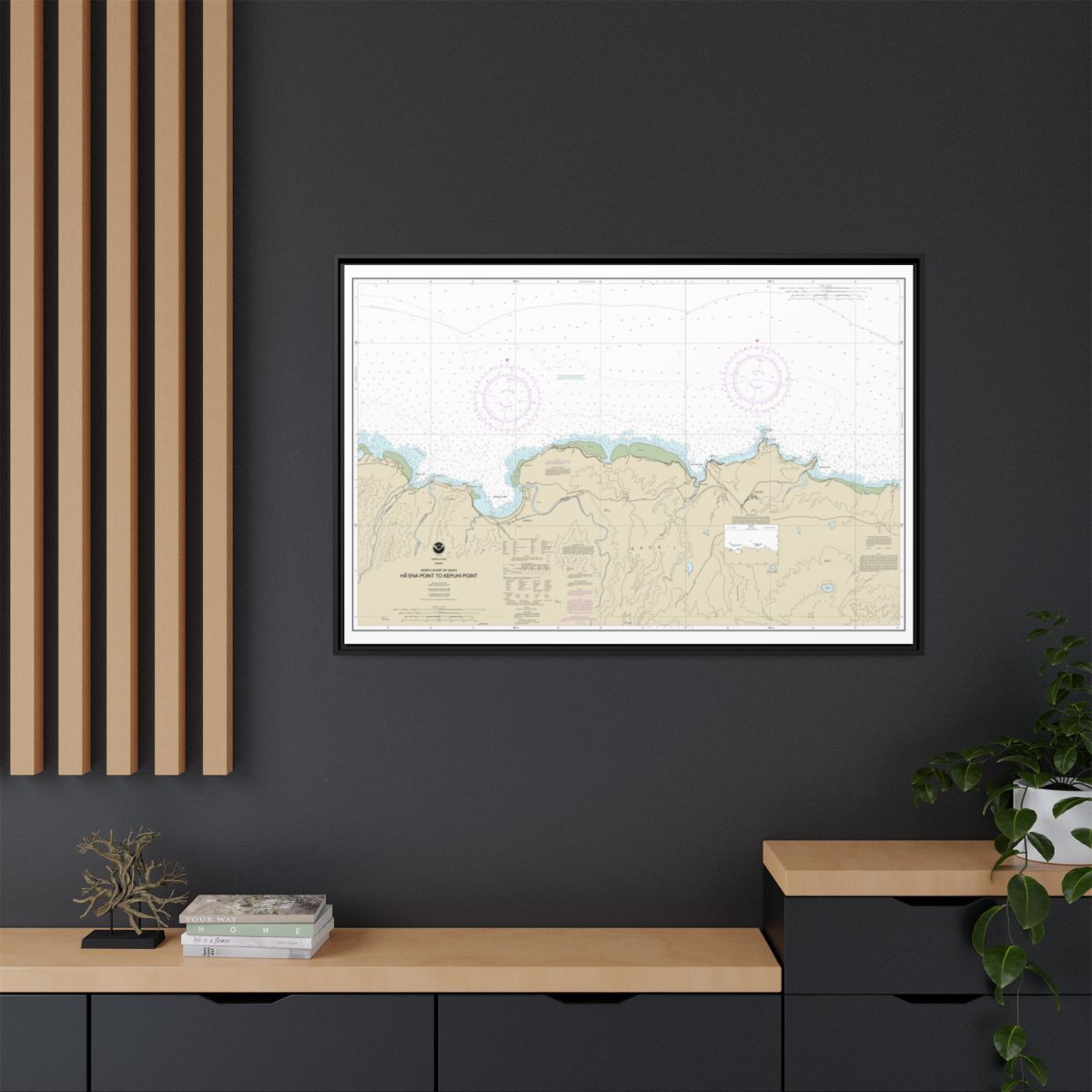 Chart 19385 North Coast of Kauai Haena Point to Kepuhi Point - NOAA Nautical Chart Floating Frame Canvas | 30" x 20" | 36" x 24" | 48" x 32" - Black context-2