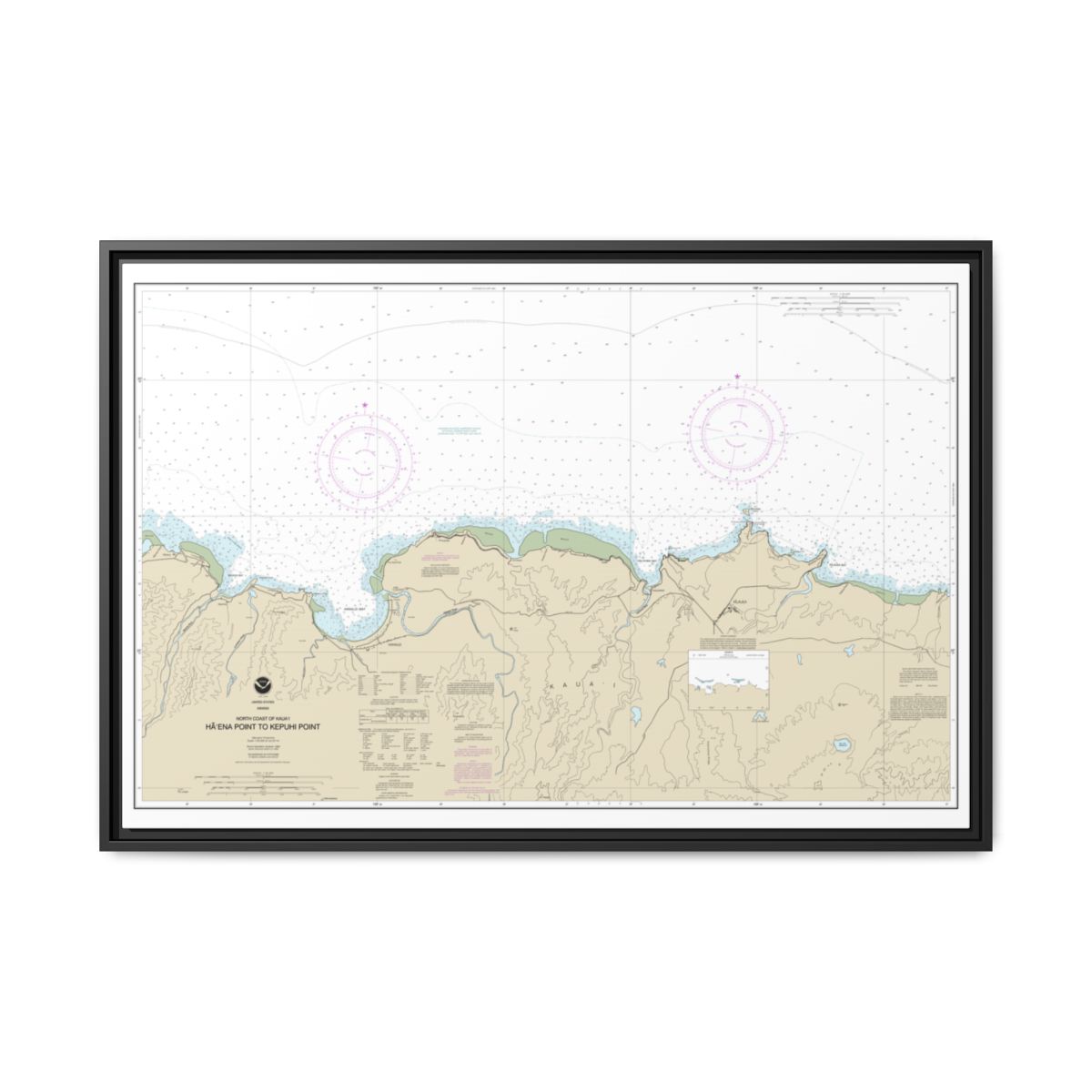 Chart 19385 North Coast of Kauai Haena Point to Kepuhi Point - NOAA Nautical Chart Floating Frame Canvas | 30" x 20" | 36" x 24" | 48" x 32" - Black front