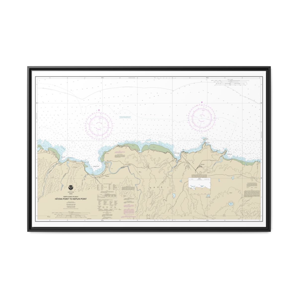 Chart 19385 North Coast of Kauai Haena Point to Kepuhi Point - NOAA Nautical Chart Floating Frame Canvas | 30" x 20" | 36" x 24" | 48" x 32" - Black front