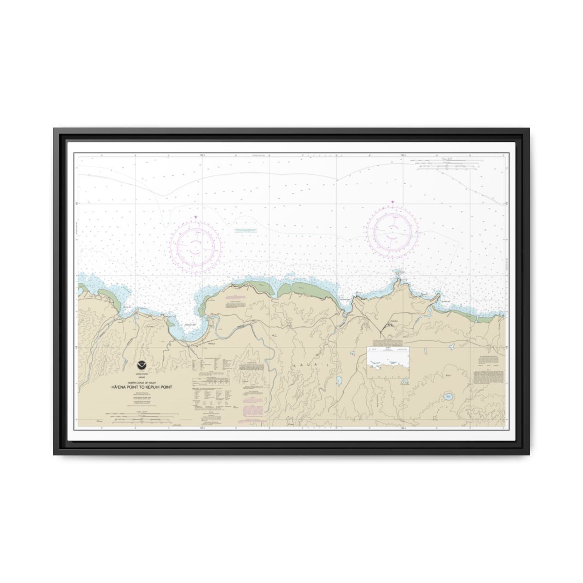 Chart 19385 North Coast of Kauai Haena Point to Kepuhi Point - NOAA Nautical Chart Floating Frame Canvas | 30" x 20" | 36" x 24" | 48" x 32" - Black front