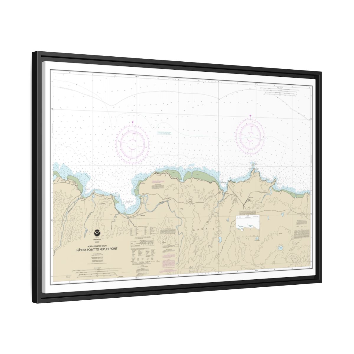 Chart 19385 North Coast of Kauai Haena Point to Kepuhi Point - NOAA Nautical Chart Floating Frame Canvas | 30" x 20" | 36" x 24" | 48" x 32" - Black side