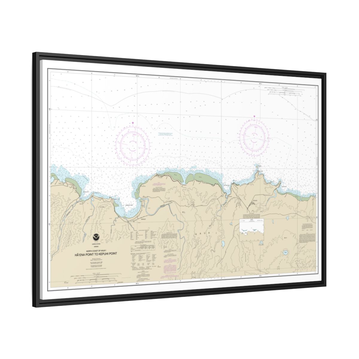 Chart 19385 North Coast of Kauai Haena Point to Kepuhi Point - NOAA Nautical Chart Floating Frame Canvas | 30" x 20" | 36" x 24" | 48" x 32" - Black side