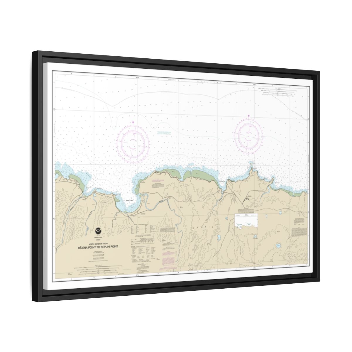 Chart 19385 North Coast of Kauai Haena Point to Kepuhi Point - NOAA Nautical Chart Floating Frame Canvas | 30" x 20" | 36" x 24" | 48" x 32" - Black side