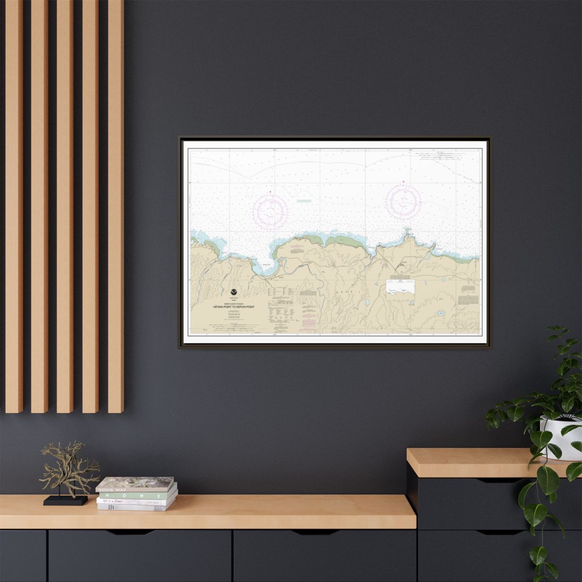 Chart 19385 North Coast of Kauai Haena Point to Kepuhi Point - NOAA Nautical Chart Floating Frame Canvas | 30" x 20" | 36" x 24" | 48" x 32" - Espresso context-2