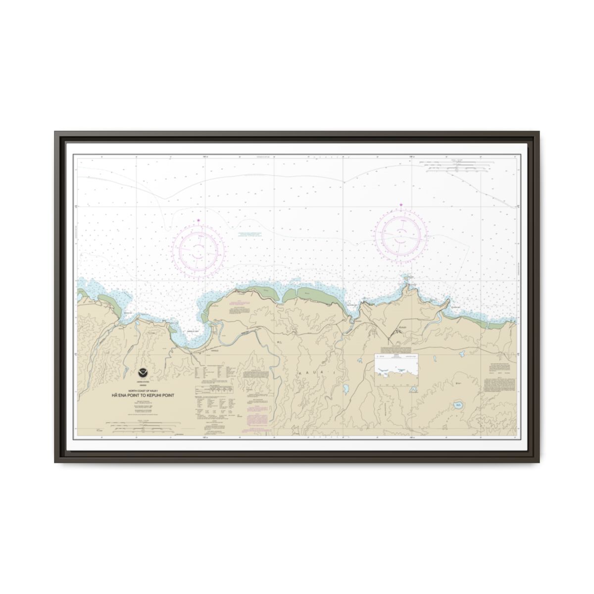 Chart 19385 North Coast of Kauai Haena Point to Kepuhi Point - NOAA Nautical Chart Floating Frame Canvas | 30" x 20" | 36" x 24" | 48" x 32" - Espresso front