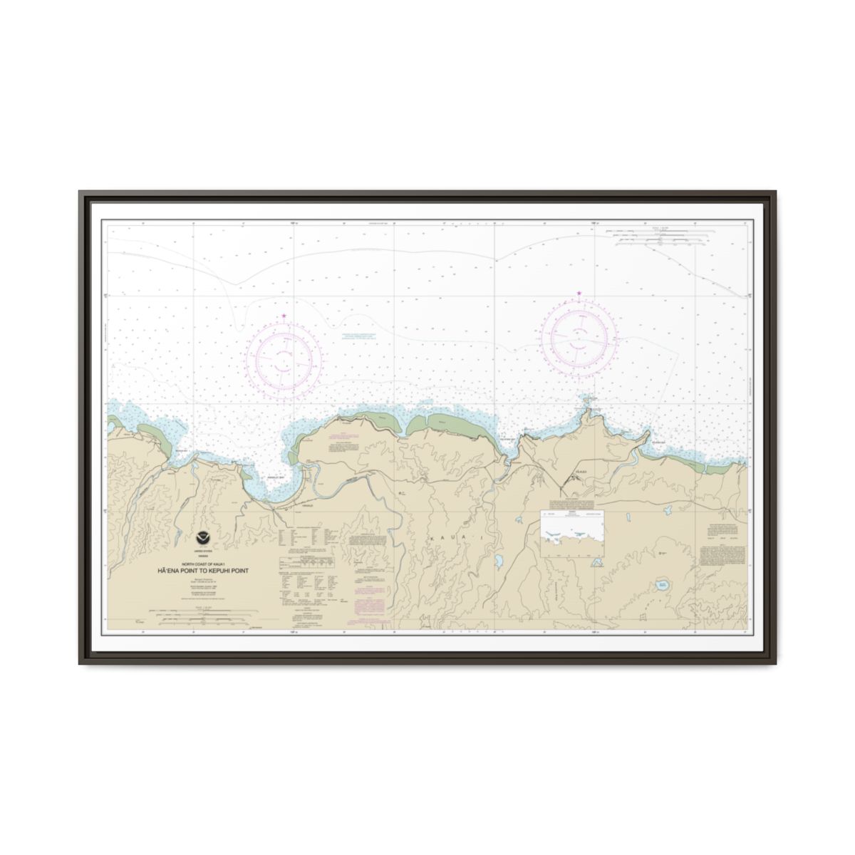 Chart 19385 North Coast of Kauai Haena Point to Kepuhi Point - NOAA Nautical Chart Floating Frame Canvas | 30" x 20" | 36" x 24" | 48" x 32" - Espresso front