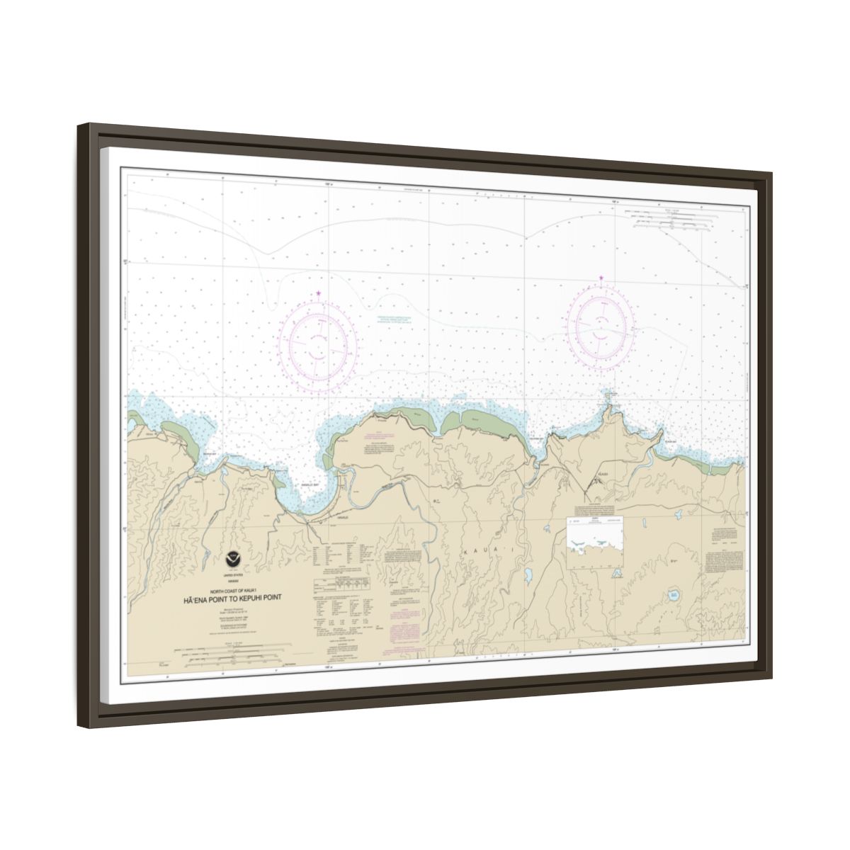 Chart 19385 North Coast of Kauai Haena Point to Kepuhi Point - NOAA Nautical Chart Floating Frame Canvas | 30" x 20" | 36" x 24" | 48" x 32" - Espresso side
