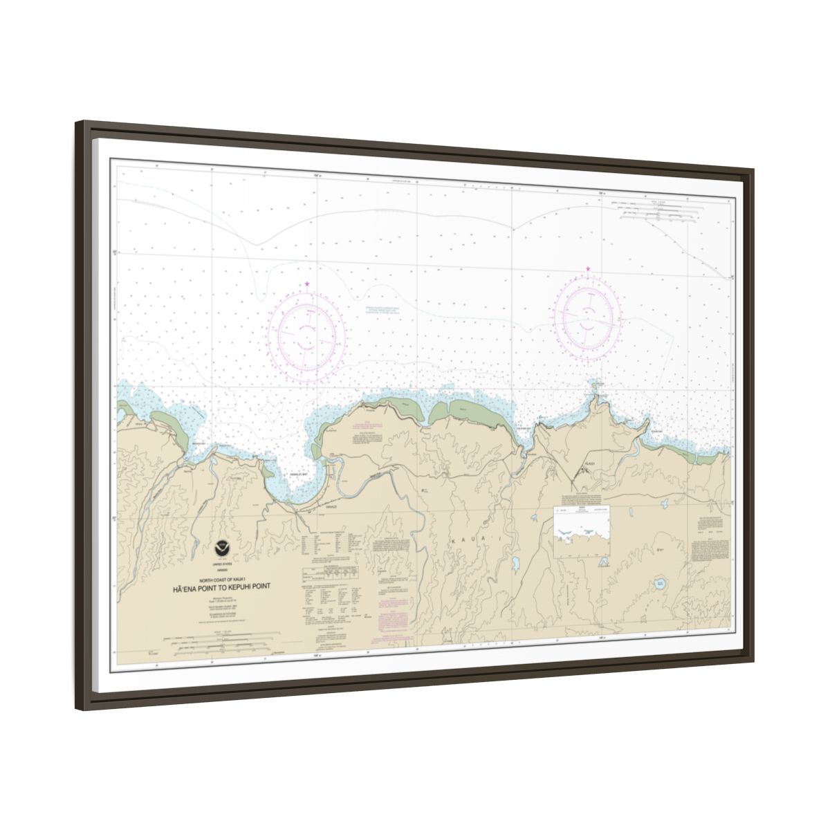 Chart 19385 North Coast of Kauai Haena Point to Kepuhi Point - NOAA Nautical Chart Floating Frame Canvas | 30" x 20" | 36" x 24" | 48" x 32" - Espresso side