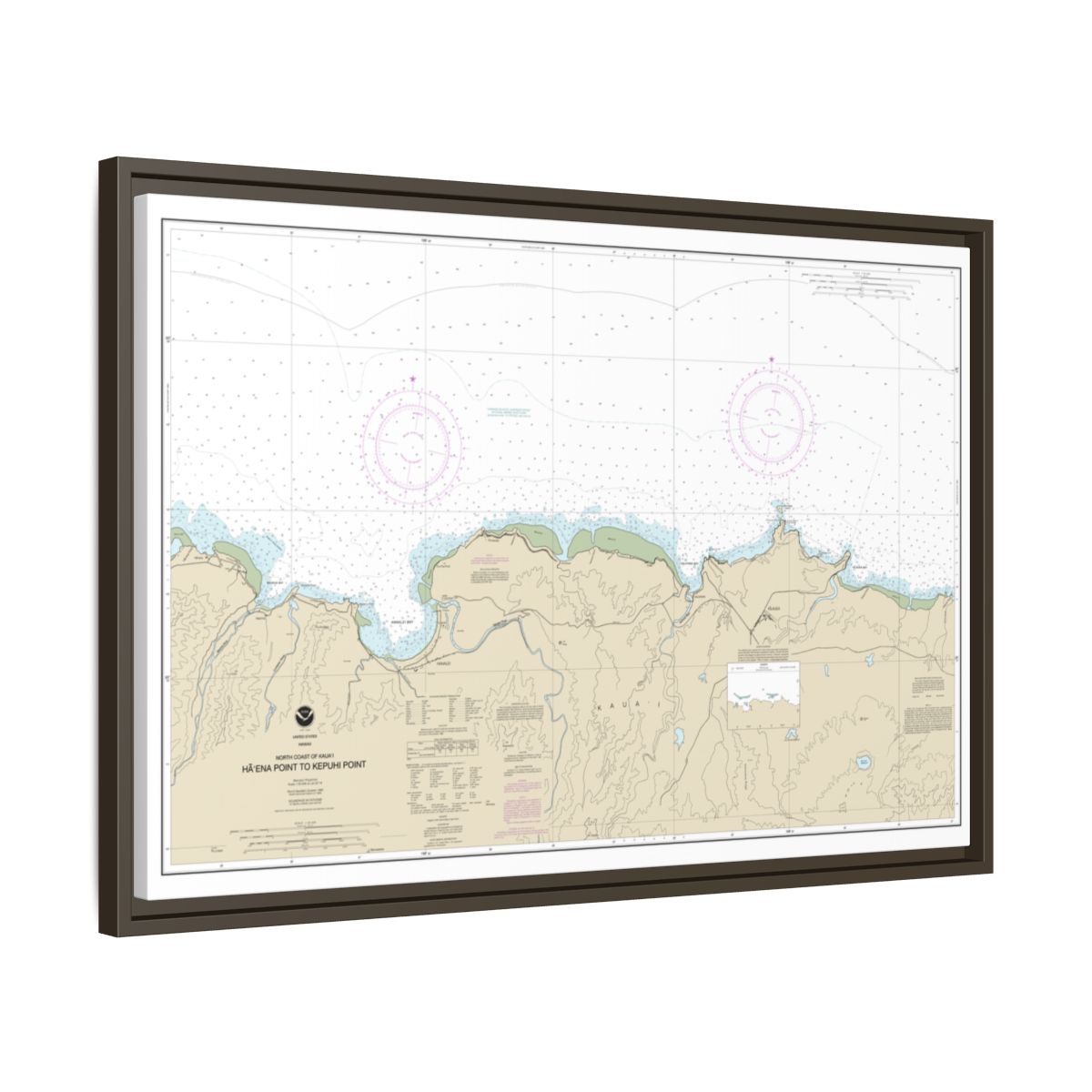 Chart 19385 North Coast of Kauai Haena Point to Kepuhi Point - NOAA Nautical Chart Floating Frame Canvas | 30" x 20" | 36" x 24" | 48" x 32" - Espresso side