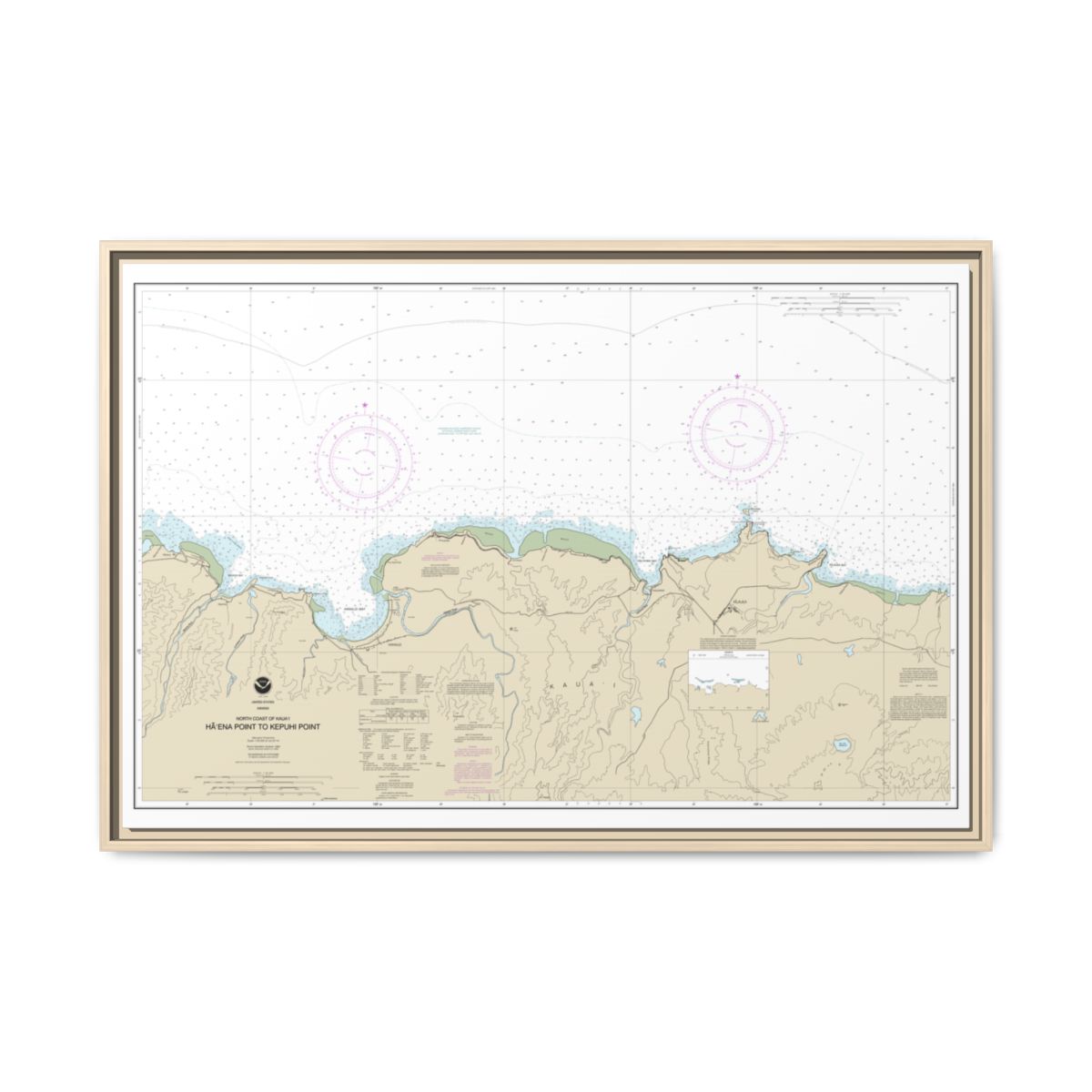 Chart 19385 North Coast of Kauai Haena Point to Kepuhi Point - NOAA Nautical Chart Floating Frame Canvas | 30" x 20" | 36" x 24" | 48" x 32" - Natural front