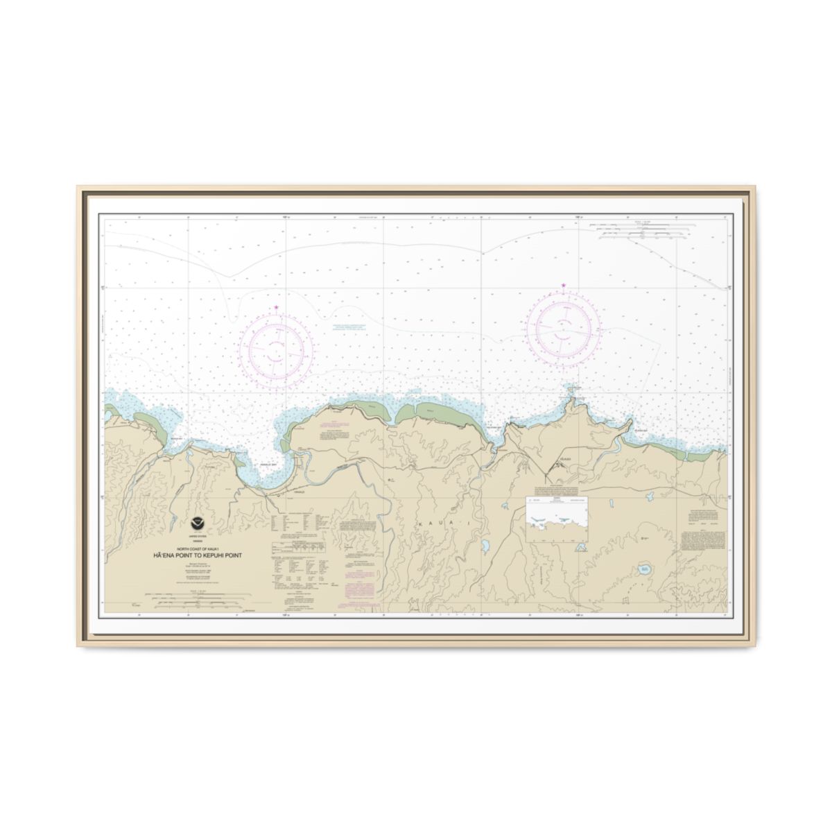 Chart 19385 North Coast of Kauai Haena Point to Kepuhi Point - NOAA Nautical Chart Floating Frame Canvas | 30" x 20" | 36" x 24" | 48" x 32" - Natural front