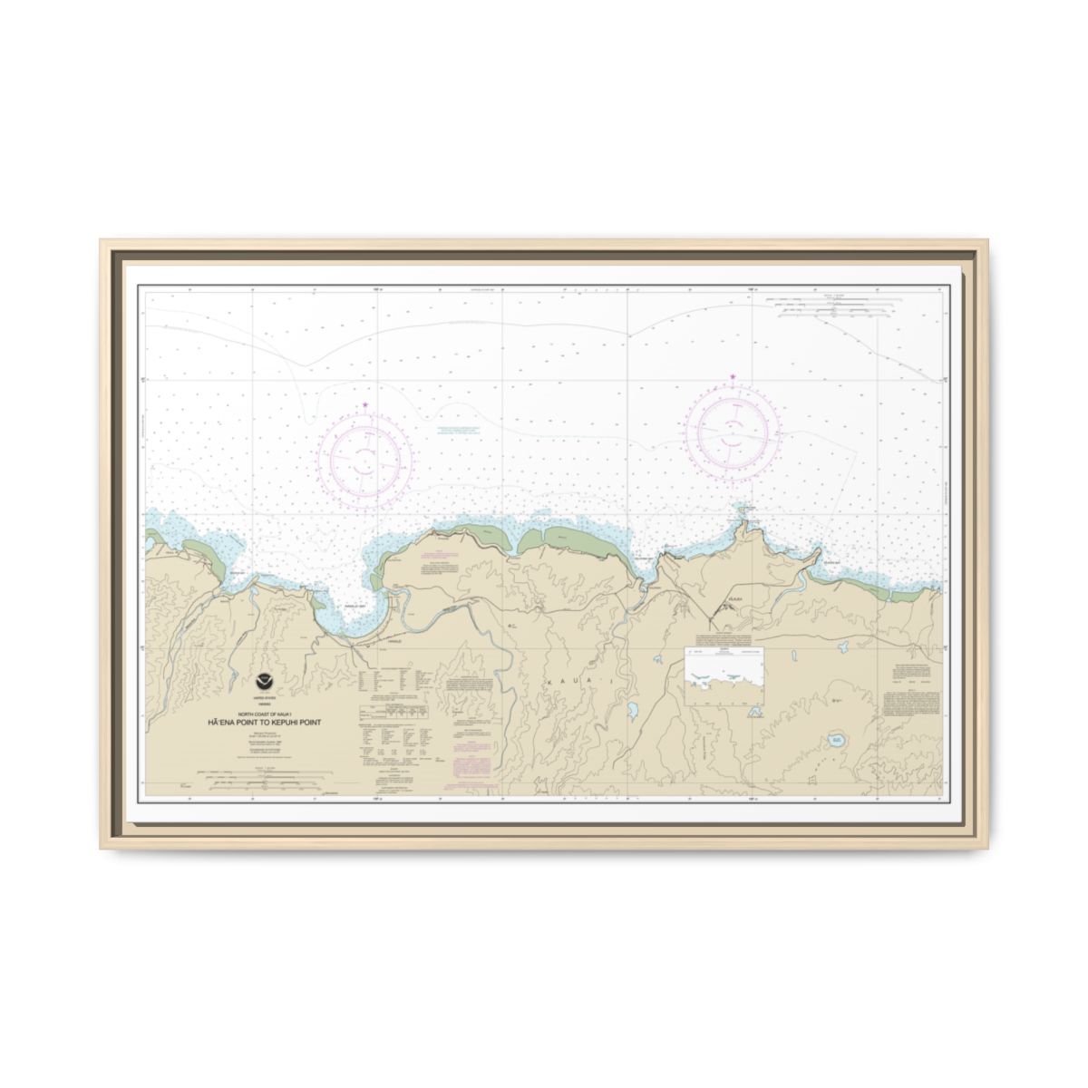 Chart 19385 North Coast of Kauai Haena Point to Kepuhi Point - NOAA Nautical Chart Floating Frame Canvas | 30" x 20" | 36" x 24" | 48" x 32" - Natural front