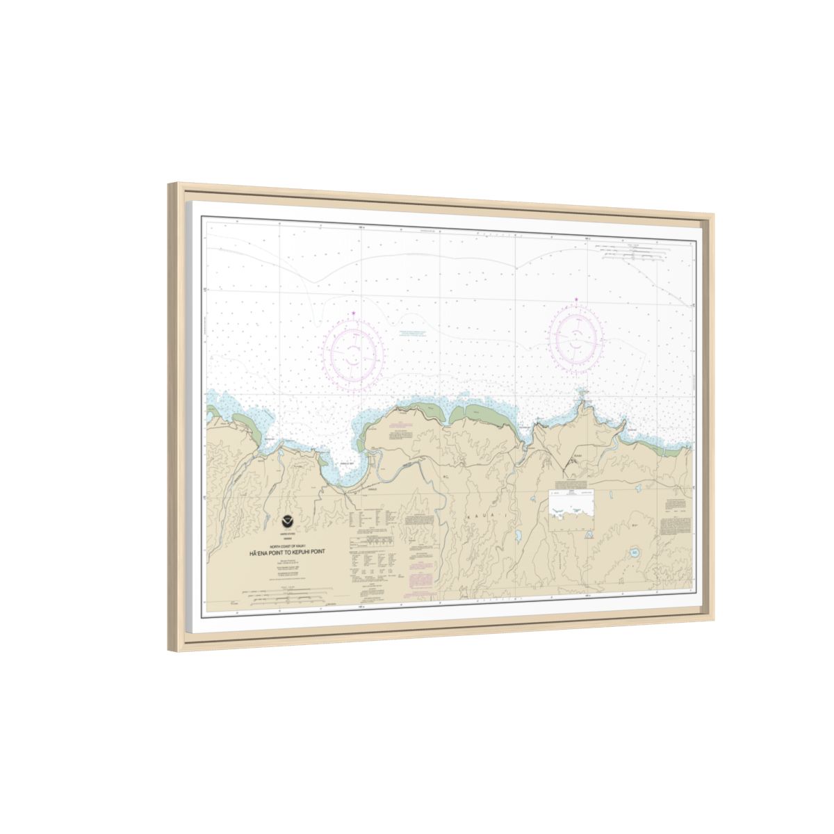 Chart 19385 North Coast of Kauai Haena Point to Kepuhi Point - NOAA Nautical Chart Floating Frame Canvas | 30" x 20" | 36" x 24" | 48" x 32" - Natural side