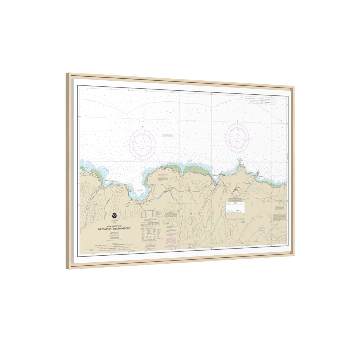 Chart 19385 North Coast of Kauai Haena Point to Kepuhi Point - NOAA Nautical Chart Floating Frame Canvas | 30" x 20" | 36" x 24" | 48" x 32" - Natural side
