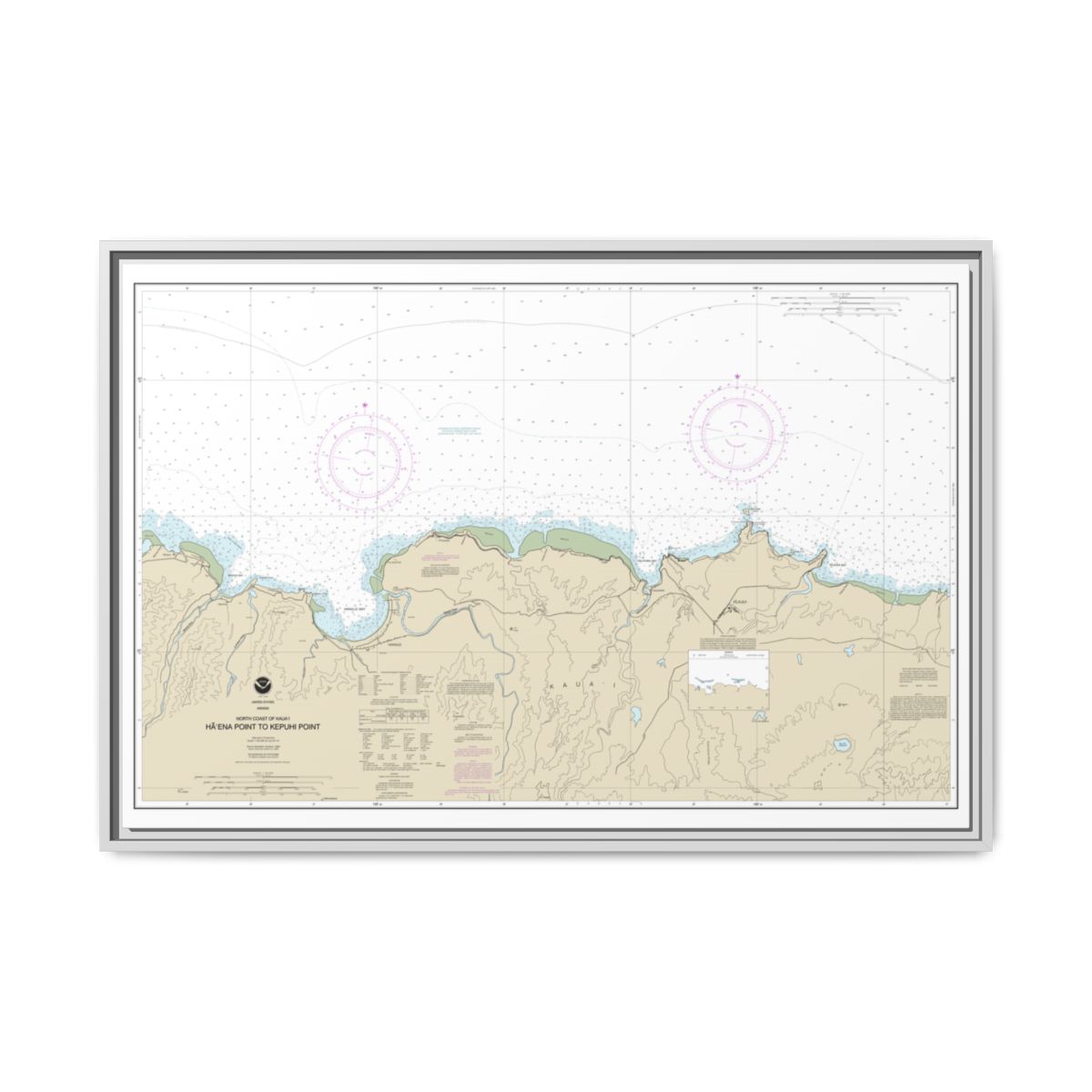 Chart 19385 North Coast of Kauai Haena Point to Kepuhi Point - NOAA Nautical Chart Floating Frame Canvas | 30" x 20" | 36" x 24" | 48" x 32" - White front