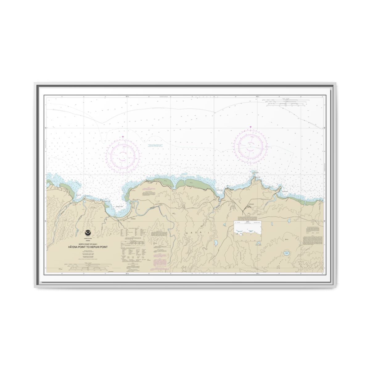 Chart 19385 North Coast of Kauai Haena Point to Kepuhi Point - NOAA Nautical Chart Floating Frame Canvas | 30" x 20" | 36" x 24" | 48" x 32" - White front