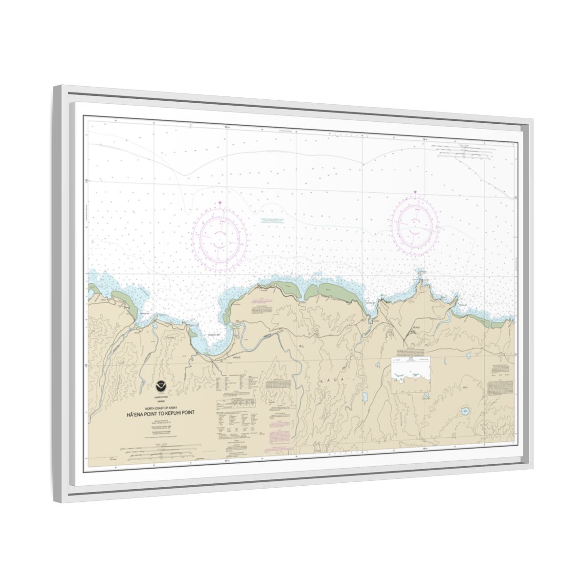 Chart 19385 North Coast of Kauai Haena Point to Kepuhi Point - NOAA Nautical Chart Floating Frame Canvas | 30" x 20" | 36" x 24" | 48" x 32" - White side