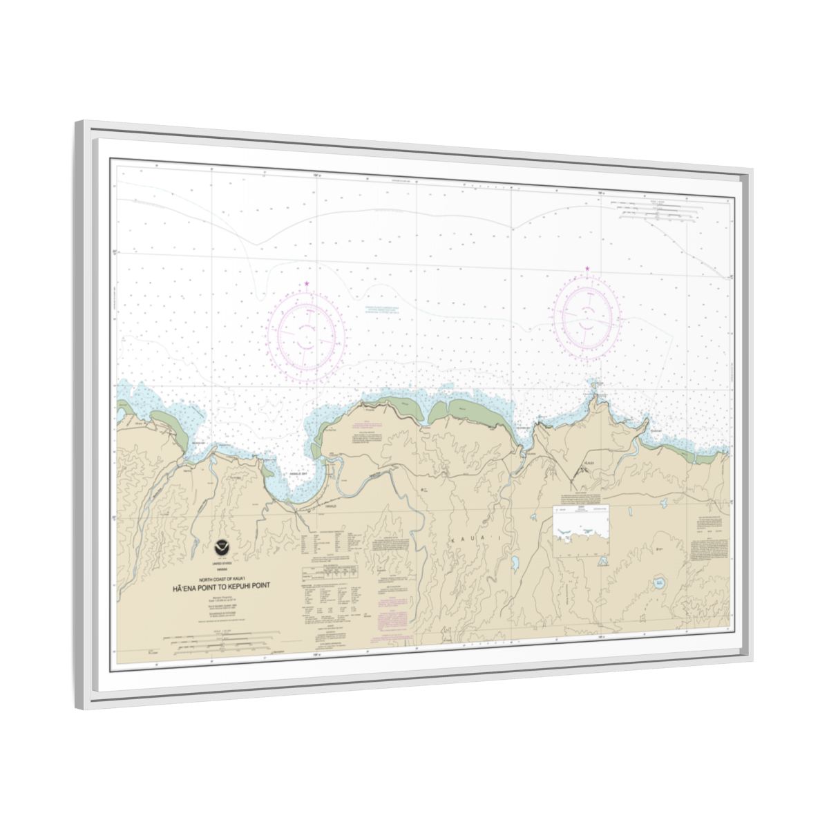 Chart 19385 North Coast of Kauai Haena Point to Kepuhi Point - NOAA Nautical Chart Floating Frame Canvas | 30" x 20" | 36" x 24" | 48" x 32" - White side