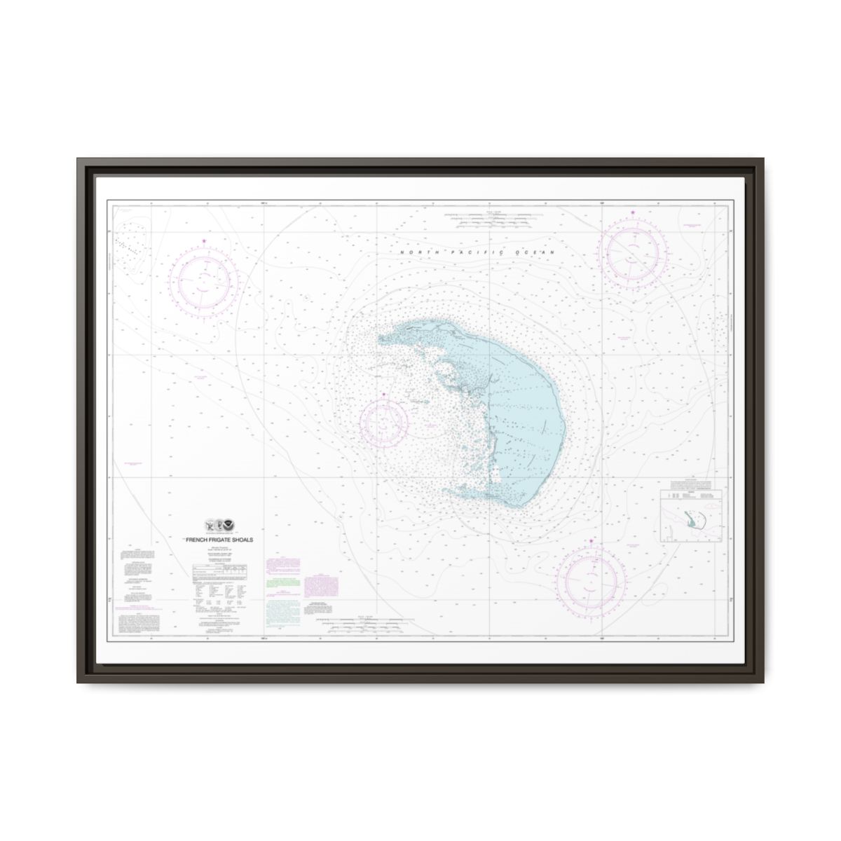 Chart 19401 French Frigate Shoals - NOAA Nautical Chart Floating Frame Canvas | 32" x 24" | 40" x 30" - Espresso front