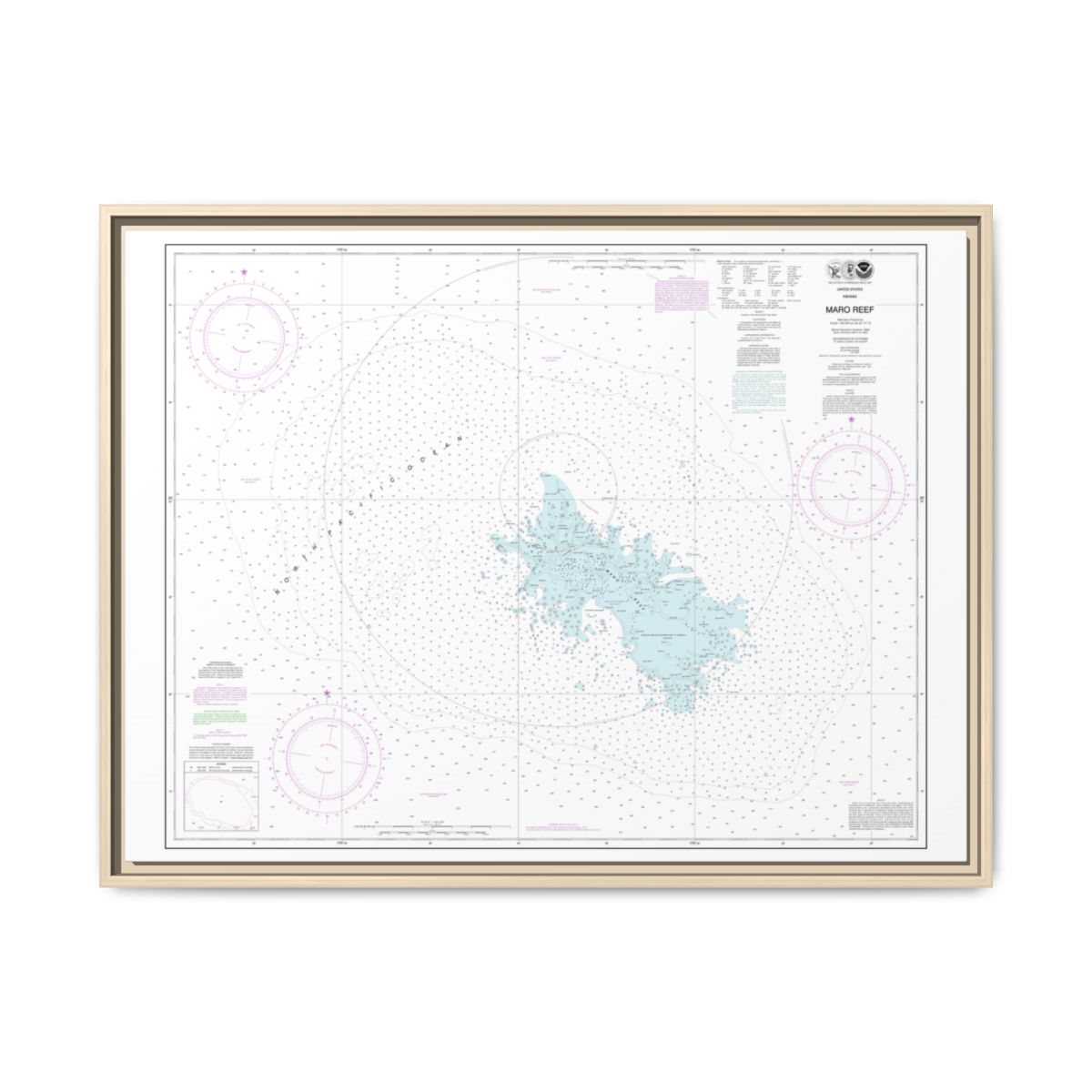 Chart 19441 Maro Reef - NOAA Nautical Chart Floating Frame Canvas | 32" x 24" | 40" x 30" - Natural front