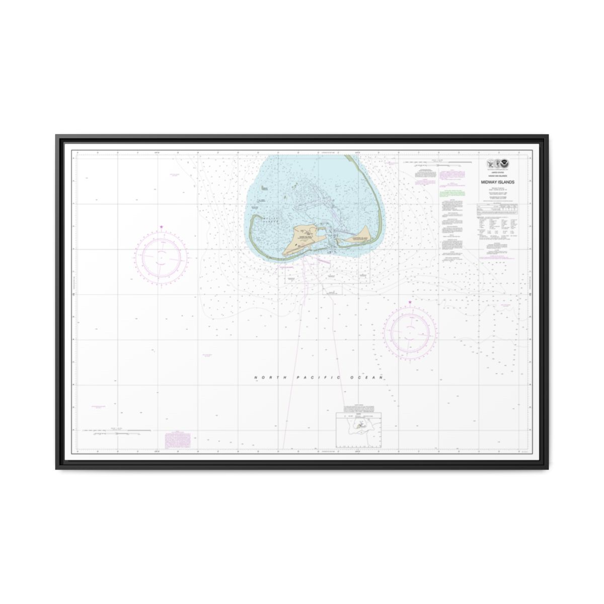 Chart 19481 Hawaiian Islands Midway Islands - NOAA Nautical Chart Floating Frame Canvas | 30" x 20" | 36" x 24" | 48" x 32" - Black front