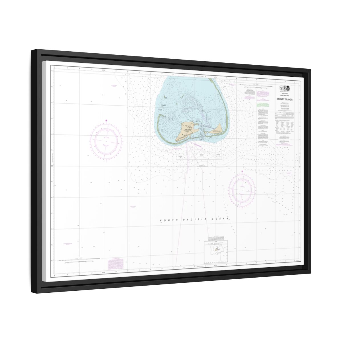 Chart 19481 Hawaiian Islands Midway Islands - NOAA Nautical Chart Floating Frame Canvas | 30" x 20" | 36" x 24" | 48" x 32" - Black side