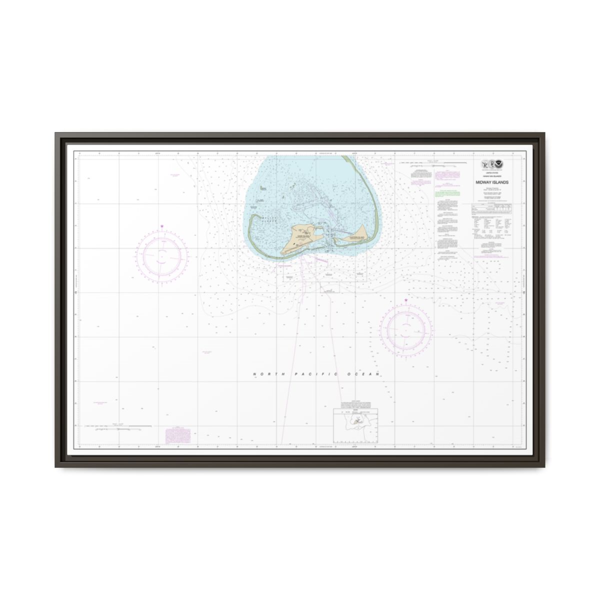 Chart 19481 Hawaiian Islands Midway Islands - NOAA Nautical Chart Floating Frame Canvas | 30" x 20" | 36" x 24" | 48" x 32" - Espresso front