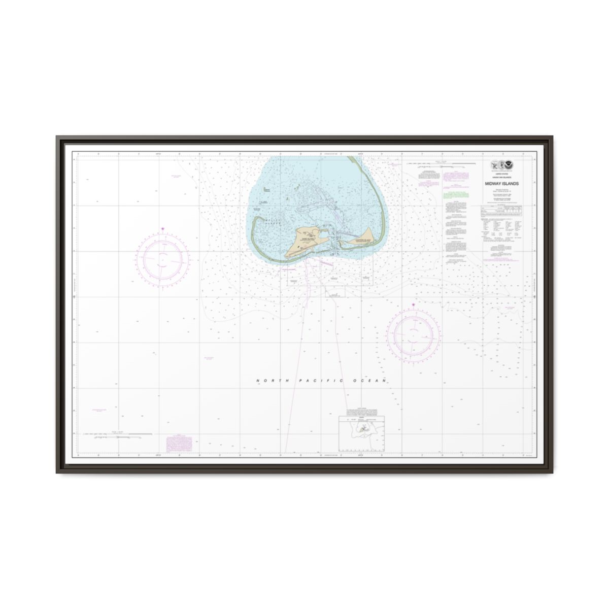 Chart 19481 Hawaiian Islands Midway Islands - NOAA Nautical Chart Floating Frame Canvas | 30" x 20" | 36" x 24" | 48" x 32" - Espresso front