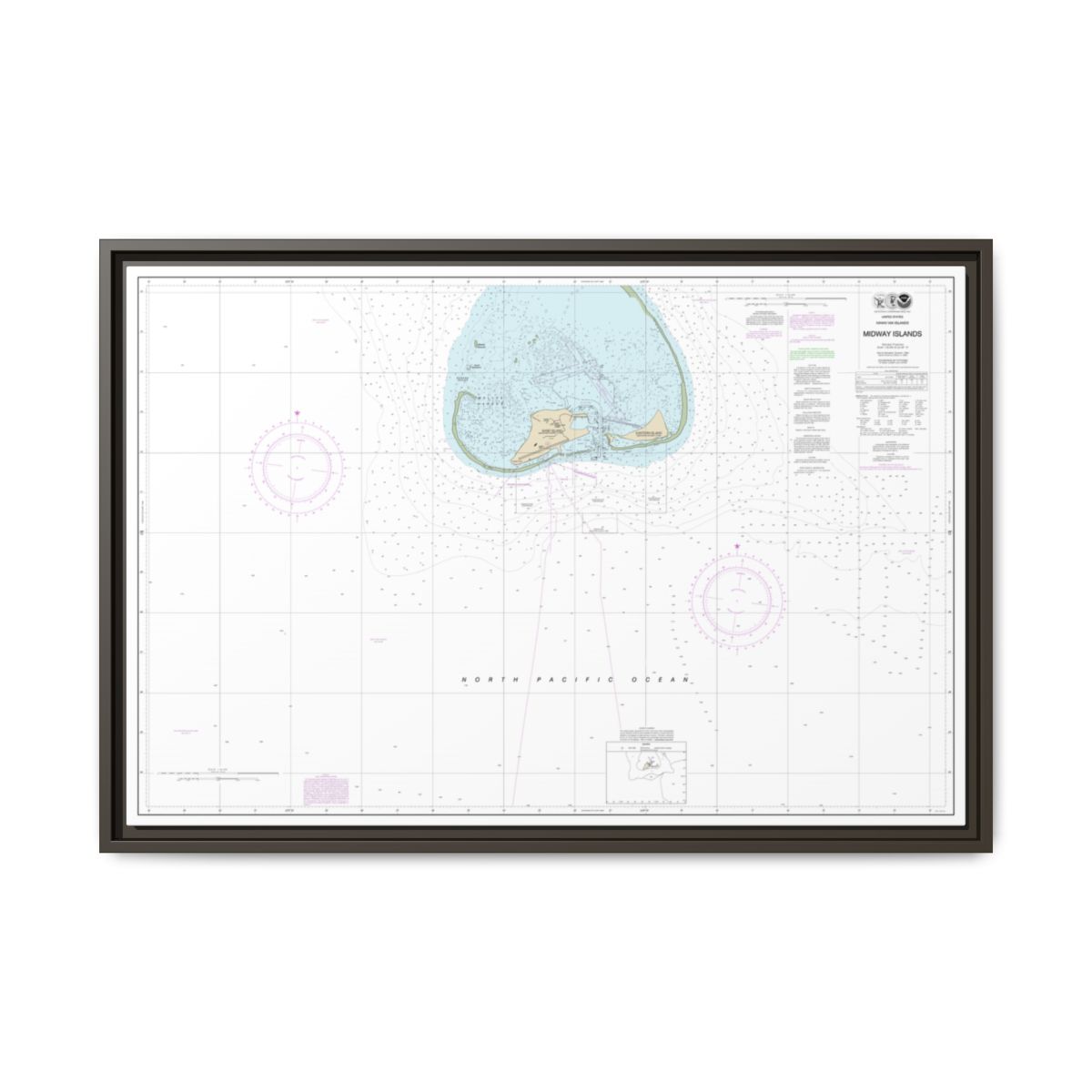 Chart 19481 Hawaiian Islands Midway Islands - NOAA Nautical Chart Floating Frame Canvas | 30" x 20" | 36" x 24" | 48" x 32" - Espresso front