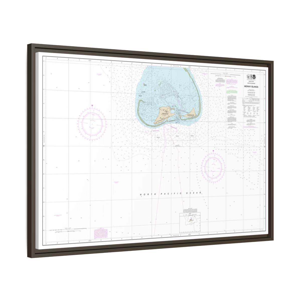 Chart 19481 Hawaiian Islands Midway Islands - NOAA Nautical Chart Floating Frame Canvas | 30" x 20" | 36" x 24" | 48" x 32" - Espresso side