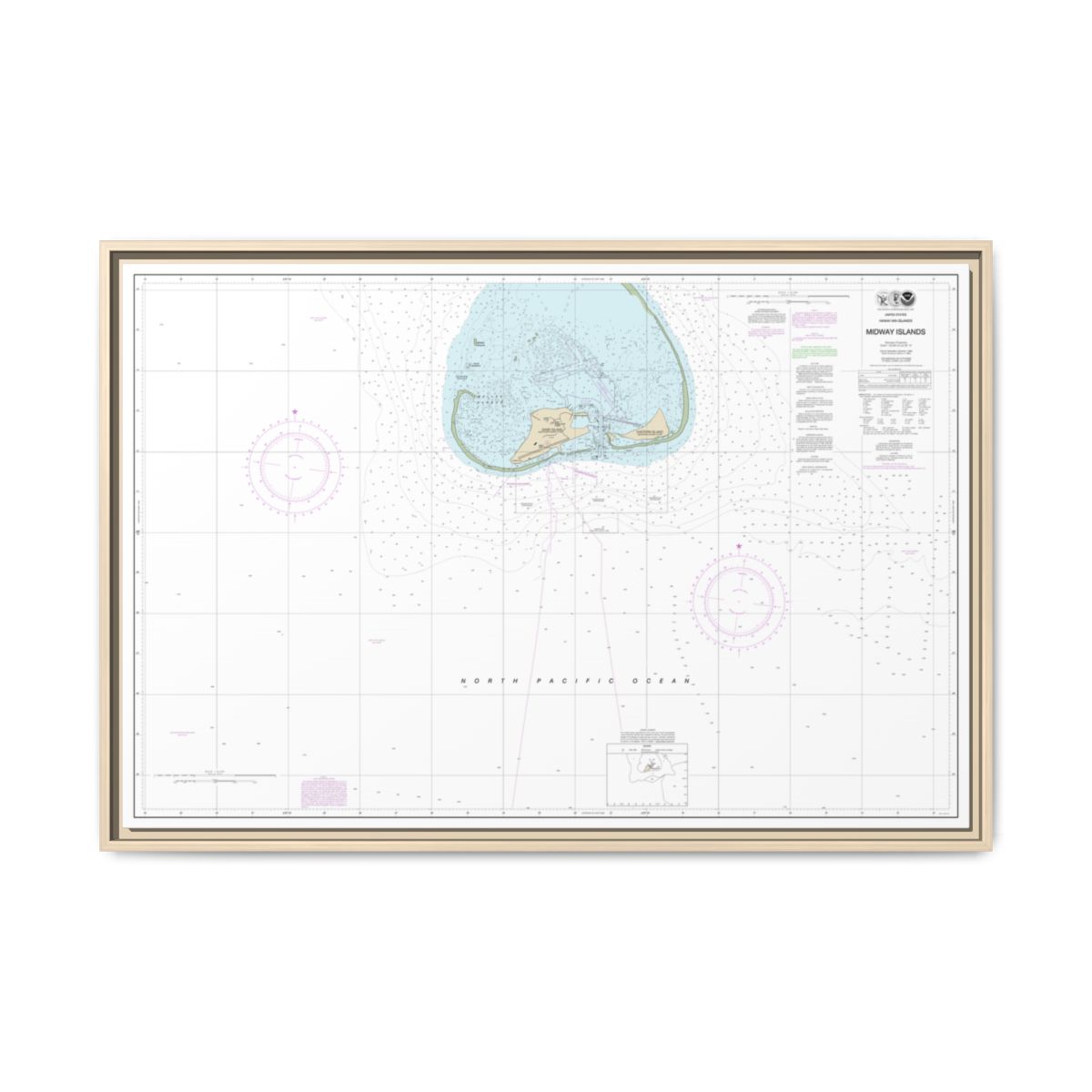 Chart 19481 Hawaiian Islands Midway Islands - NOAA Nautical Chart Floating Frame Canvas | 30" x 20" | 36" x 24" | 48" x 32" - Natural front