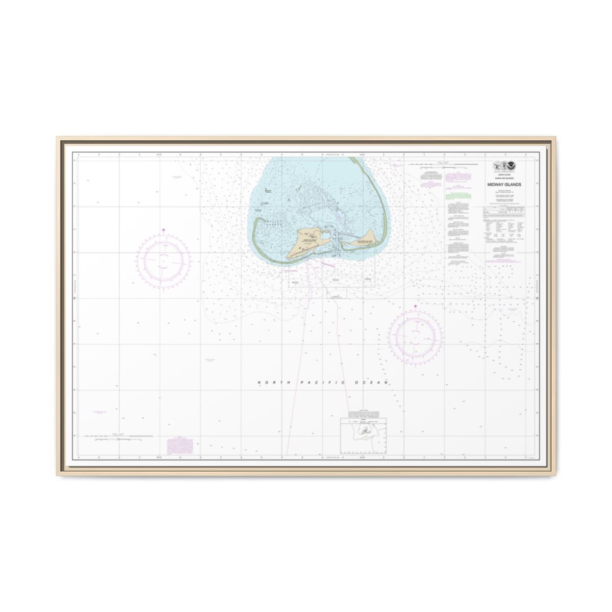 Chart 19481 Hawaiian Islands Midway Islands - NOAA Nautical Chart Floating Frame Canvas | 30" x 20" | 36" x 24" | 48" x 32" - Natural front