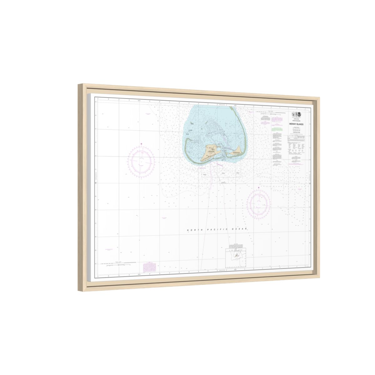Chart 19481 Hawaiian Islands Midway Islands - NOAA Nautical Chart Floating Frame Canvas | 30" x 20" | 36" x 24" | 48" x 32" - Natural side