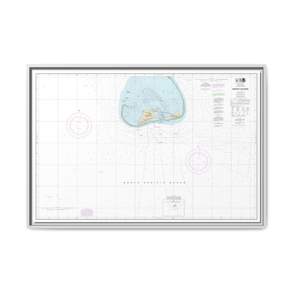 Chart 19481 Hawaiian Islands Midway Islands - NOAA Nautical Chart Floating Frame Canvas | 30" x 20" | 36" x 24" | 48" x 32" - White front