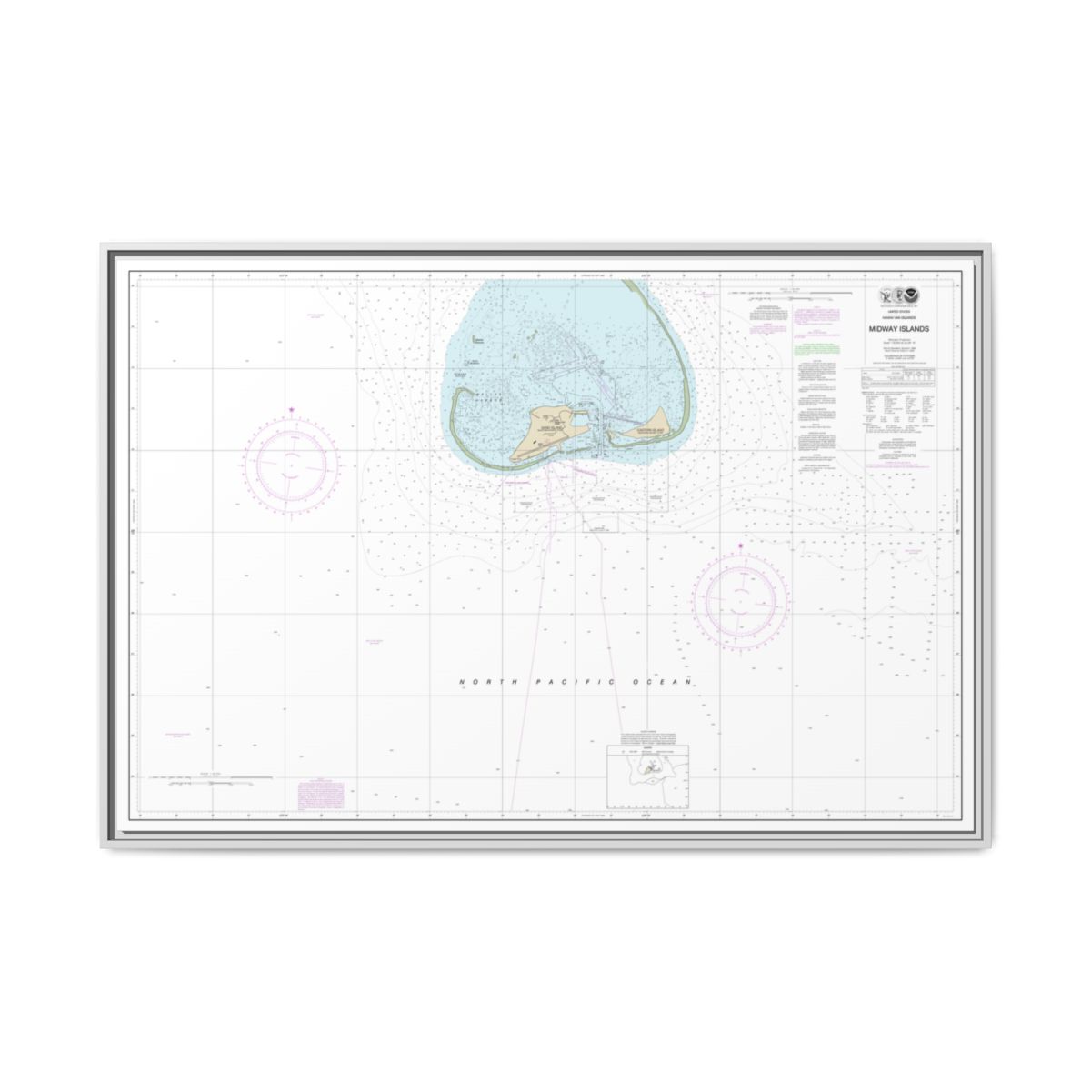 Chart 19481 Hawaiian Islands Midway Islands - NOAA Nautical Chart Floating Frame Canvas | 30" x 20" | 36" x 24" | 48" x 32" - White front