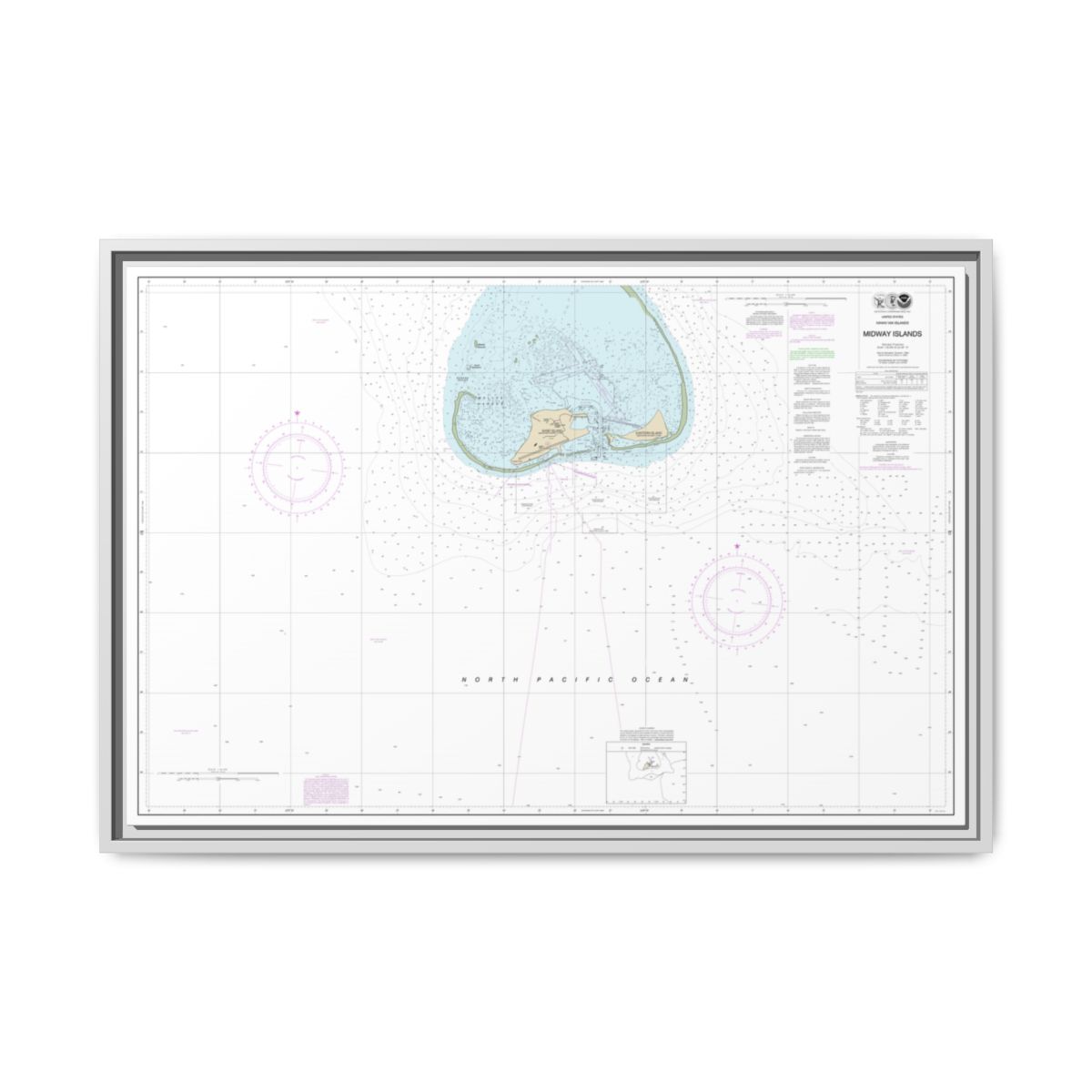 Chart 19481 Hawaiian Islands Midway Islands - NOAA Nautical Chart Floating Frame Canvas | 30" x 20" | 36" x 24" | 48" x 32" - White front
