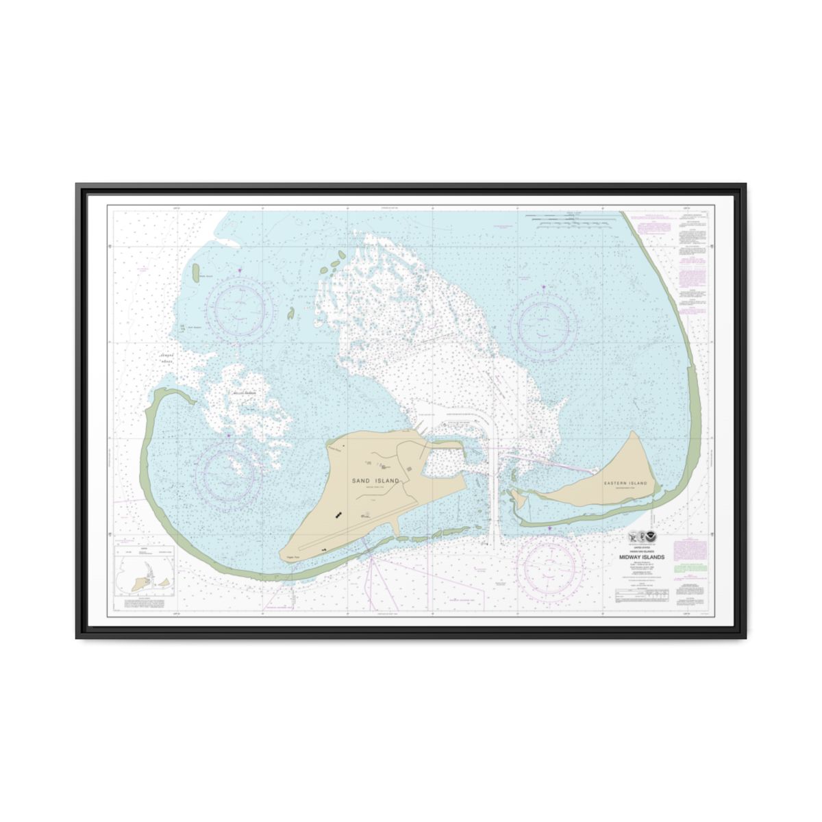 Chart 19482 Hawaiian Islands Midway Islands - NOAA Nautical Chart Floating Frame Canvas | 30" x 20" | 36" x 24" | 48" x 32" - Black front