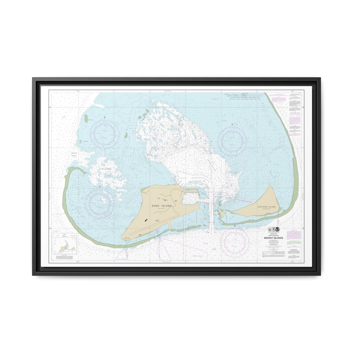 Chart 19482 Hawaiian Islands Midway Islands - NOAA Nautical Chart Floating Frame Canvas | 30" x 20" | 36" x 24" | 48" x 32" - Black front