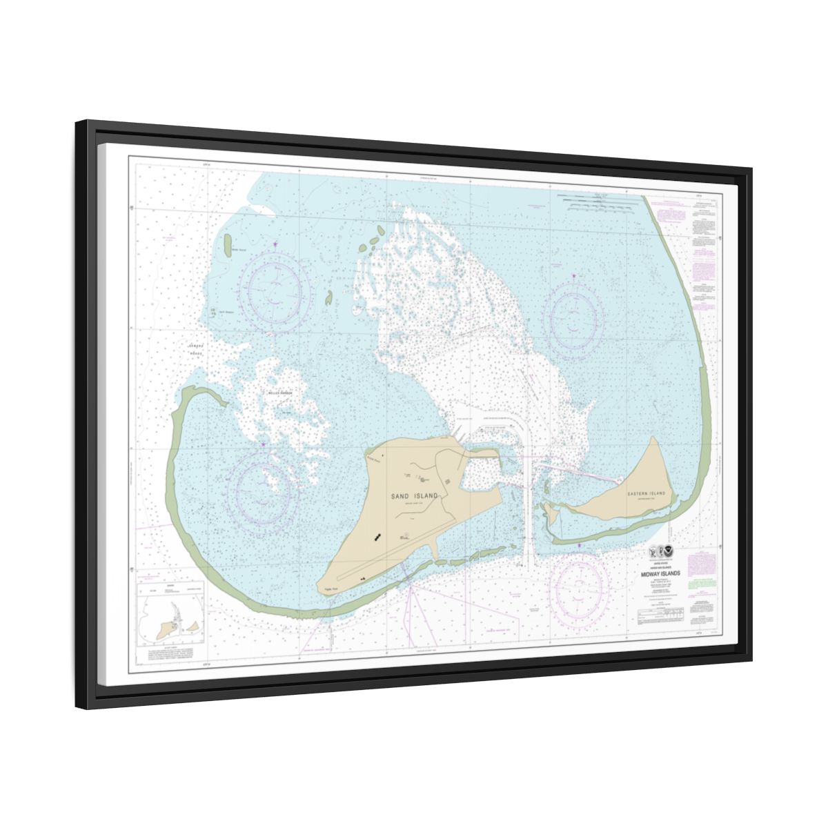 Chart 19482 Hawaiian Islands Midway Islands - NOAA Nautical Chart Floating Frame Canvas | 30" x 20" | 36" x 24" | 48" x 32" - Black side