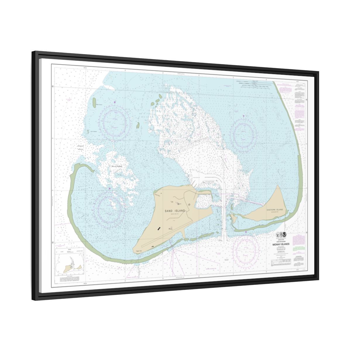 Chart 19482 Hawaiian Islands Midway Islands - NOAA Nautical Chart Floating Frame Canvas | 30" x 20" | 36" x 24" | 48" x 32" - Black side
