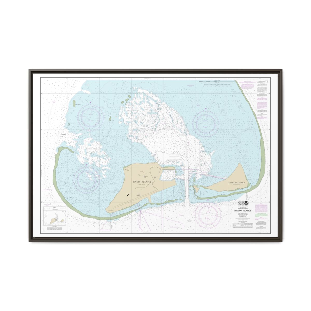 Chart 19482 Hawaiian Islands Midway Islands - NOAA Nautical Chart Floating Frame Canvas | 30" x 20" | 36" x 24" | 48" x 32" - Espresso front