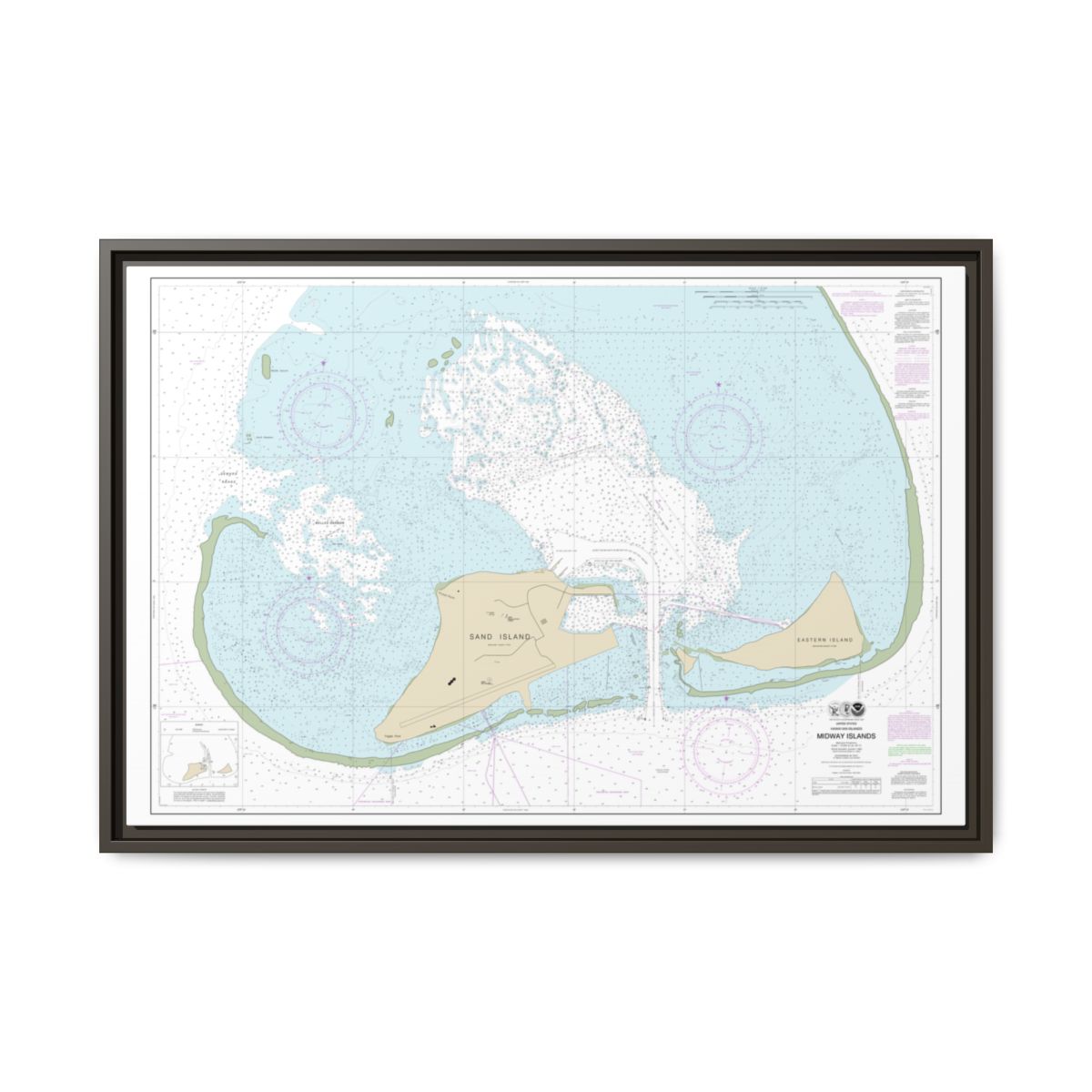 Chart 19482 Hawaiian Islands Midway Islands - NOAA Nautical Chart Floating Frame Canvas | 30" x 20" | 36" x 24" | 48" x 32" - Espresso front