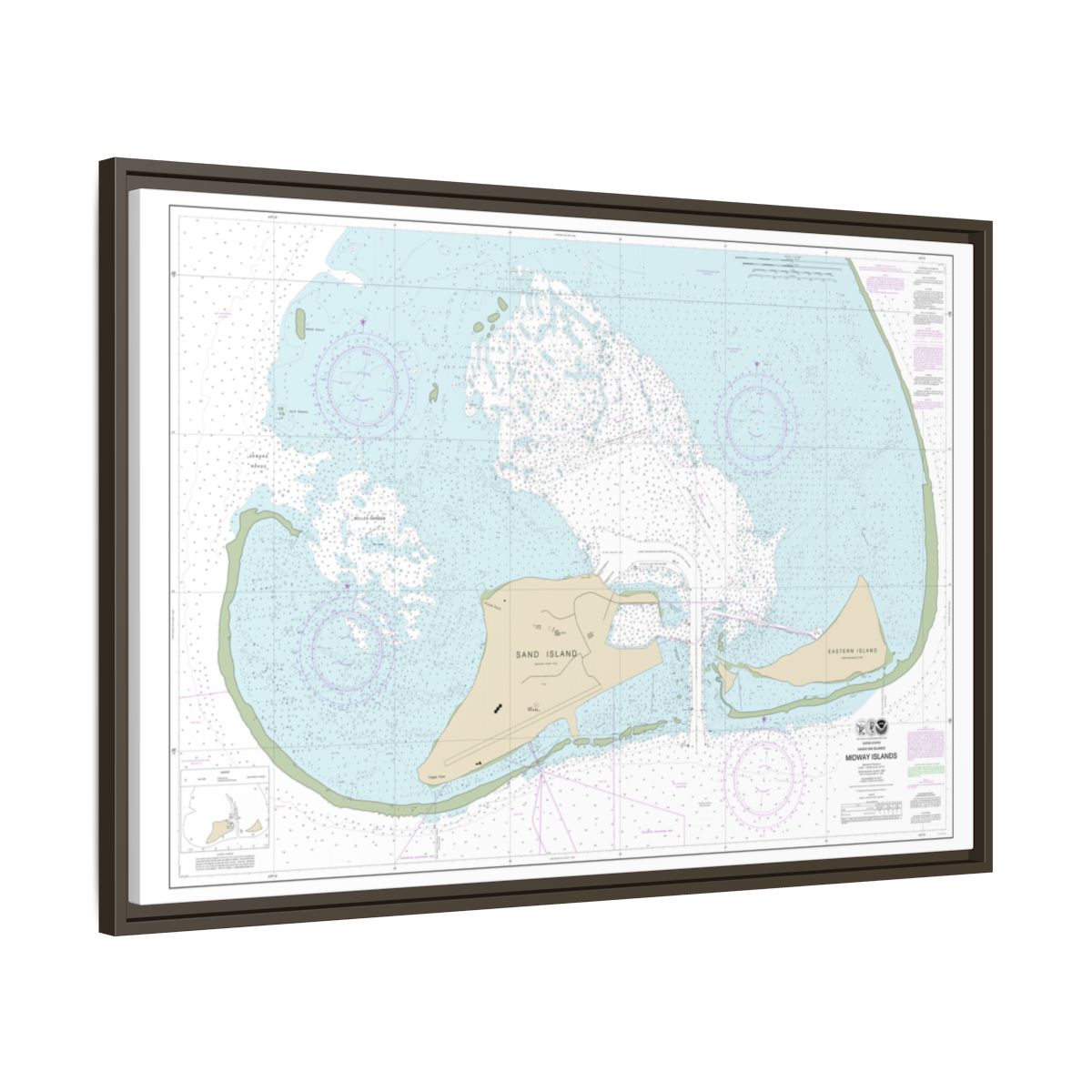 Chart 19482 Hawaiian Islands Midway Islands - NOAA Nautical Chart Floating Frame Canvas | 30" x 20" | 36" x 24" | 48" x 32" - Espresso side