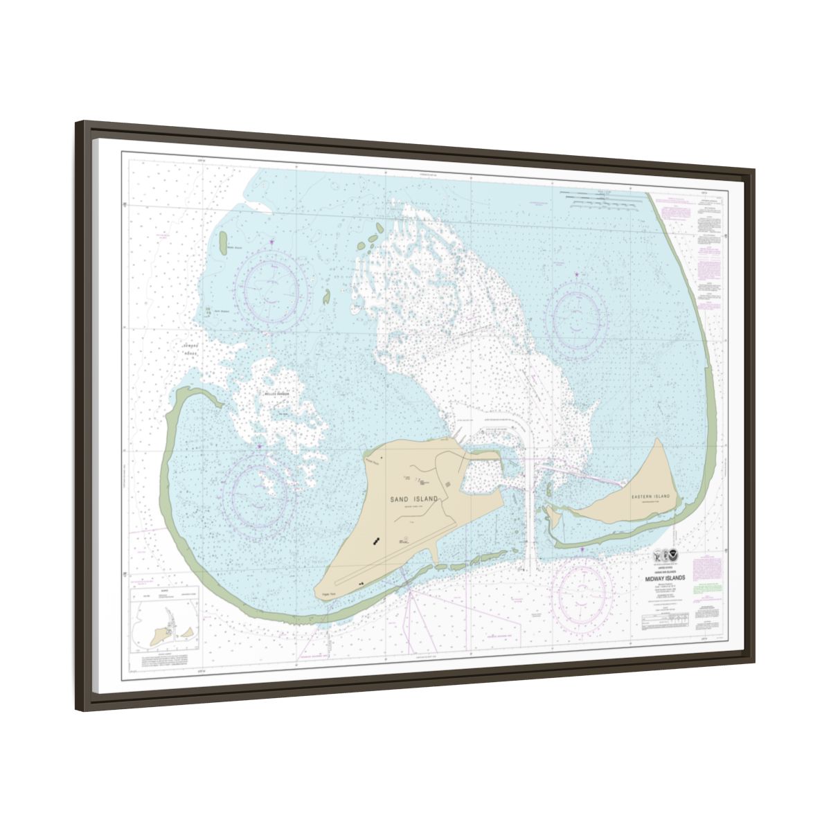 Chart 19482 Hawaiian Islands Midway Islands - NOAA Nautical Chart Floating Frame Canvas | 30" x 20" | 36" x 24" | 48" x 32" - Espresso side