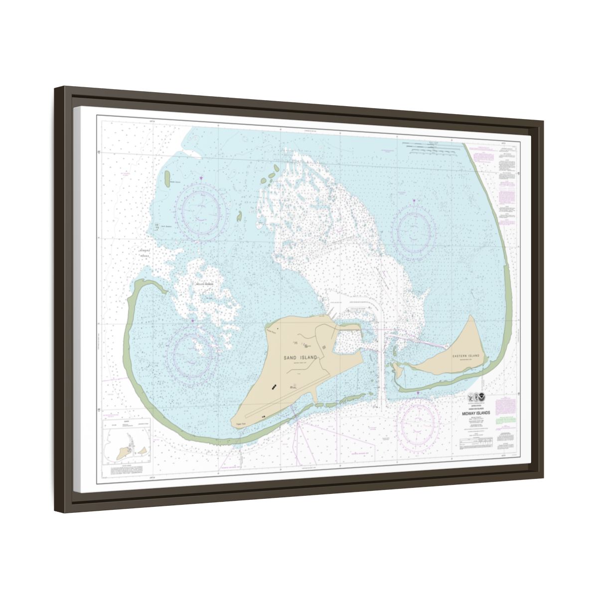 Chart 19482 Hawaiian Islands Midway Islands - NOAA Nautical Chart Floating Frame Canvas | 30" x 20" | 36" x 24" | 48" x 32" - Espresso side