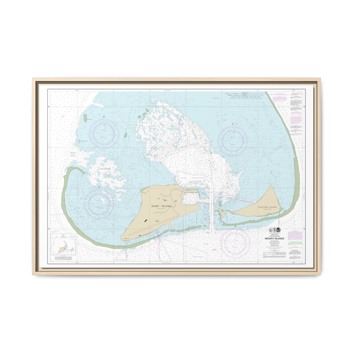 Chart 19482 Hawaiian Islands Midway Islands - NOAA Nautical Chart Floating Frame Canvas | 30" x 20" | 36" x 24" | 48" x 32" - Natural front